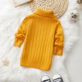 1-piece Toddler Girl Turtleneck Ribbed Knit Sweater/ Heart Embroidered Denim Jeans Yellow image 2