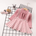 Baby Girl Pink Knitted Long-sleeve Bow Front Spliced Plaid Dress Pink image 1