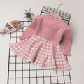 Baby Girl Pink Knitted Long-sleeve Bow Front Spliced Plaid Dress Pink image 2