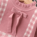 Baby Girl Pink Knitted Long-sleeve Bow Front Spliced Plaid Dress Pink image 3