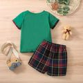 2pcs Baby Boy Cartoon Bear Embroidered Short-sleeve T-shirt and Plaid Shorts Set Dark Green