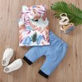 2pcs Baby Boy/Girl All Over Palm Leaf Print Hooded Tank Top and Denim Pants Set Blue
