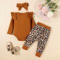 Baby Girl 3pcs Ribbed and Leopard Long Sleeve Romper Set Brown