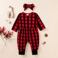 Baby Girl 2pcs Red Plaid Print Long-sleeve Jumpsuit and Headband Set Red
