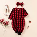 Baby Girl 2pcs Red Plaid Print Long-sleeve Jumpsuit and Headband Set Red