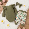 Baby Girl 3pcs Ribbed Rose Floral Print Long Sleeve Romper Set Green