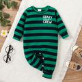 Baby Girl/Boy Stripe and Letter Print Long-sleeve Cotton Jumpsuit Green