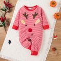 Christmas Deer Embroidered Red Striped Baby Boy/Girl Long-sleeve Cotton Jumpsuit Red