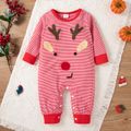 Christmas Deer Embroidered Red Striped Baby Boy/Girl Long-sleeve Cotton Jumpsuit Red image 2