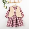 2-piece Toddler Girl 100% Cotton Floral Embroidered Plaid Long-sleeve Dress and Polar fleece Fuzzy Vest Coat Set Red
