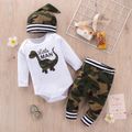 3pcs Baby Boy 95% Cotton Long-sleeve Dinosaur Letter Print Romper and Camouflage Trousers with Hat Set White image 1