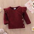 2pcs Baby Solid Knitted Ribbed V Neck Ruffle Long-sleeve Top and Trousers Set Burgundy
