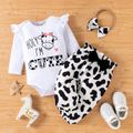 3pcs Baby Girl Letter and Cow Print White Long-sleeve Romper and Bowknot Trousers Set White