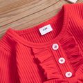 2pcs Baby Girl Red Ribbed Long-sleeve Bowknot Splicing Cartoon Hedgehog Print Dress Set Red