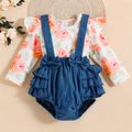 2pcs Baby Girl Floral Print Long-sleeve Romper and Denim Layered Ruffle Suspender Shorts Set White