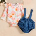 2pcs Baby Girl Floral Print Long-sleeve Romper and Denim Layered Ruffle Suspender Shorts Set White