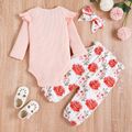 3pcs Baby Girl Pink Ribbed Ruffle Long-sleeve Romper and Floral Print Bowknot Trousers Set Pink