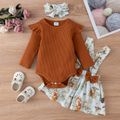 3pcs Baby Girl Brown Ribbed Long-sleeve Romper and Animal Print Suspender Skirt Set Brown
