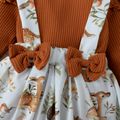 3pcs Baby Girl Brown Ribbed Long-sleeve Romper and Animal Print Suspender Skirt Set Brown