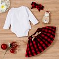 Christmas 3pcs Baby Girl Reindeer and Letter Print Long-sleeve Romper with Red Plaid Skirt Set White