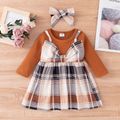 2pcs Baby Girl Brown Ribbed Long-sleeve Splicing Plaid Faux-two Dress Set Orangebrown