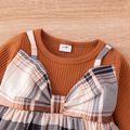 2pcs Baby Girl Brown Ribbed Long-sleeve Splicing Plaid Faux-two Dress Set Orangebrown