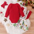 Christmas 3pcs Baby Red Long-sleeve Romper and All Over Snowman Print Ruffle Suspender Skirt Set Red