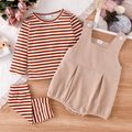3pcs Baby Girl Striped Long-sleeve T-shirt and Solid Corduroy Overall Shorts Set Apricot