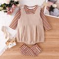 3pcs Baby Girl Striped Long-sleeve T-shirt and Solid Corduroy Overall Shorts Set Apricot