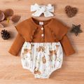 2pcs Baby Girl Brown Ribbed Long-sleeve Splicing Animal and Plant Print Romper Set Brown