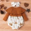 2pcs Baby Girl Brown Ribbed Long-sleeve Splicing Animal and Plant Print Romper Set Brown