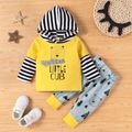 2pcs Baby Boy Cartoon Bear and Letter Print Yellow Splicing Striped Faux-two Long-sleeve Hoodie with Trousers Set Yellow