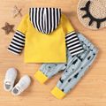 2pcs Baby Boy Cartoon Bear and Letter Print Yellow Splicing Striped Faux-two Long-sleeve Hoodie with Trousers Set Yellow