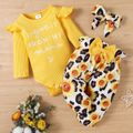 3pcs Baby Girl Letter Embroidered Yellow Long-sleeve Ribbed Romper and Sunflower Floral Print Trousers Set Yellow