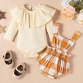 2pcs Baby Girl Apricot Ribbed Long-sleeve Romper and Plaid Overalls Shorts Set Apricot