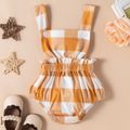 2pcs Baby Girl Apricot Ribbed Long-sleeve Romper and Plaid Overalls Shorts Set Apricot