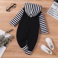 Baby Boy Letter Print Black/Camouflage Splicing Striped Long-sleeve Hooded Jumpsuit Black