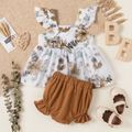 2pcs Baby Girl Floral Print Flutter-sleeve Mesh Top and Solid Ruffle Shorts Set White