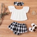 100% Cotton 3pcs Baby Girl Hollow Out Floral Embroidered Short-sleeve Top and Plaid Skirted Shorts with Headband Set White