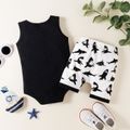 2pcs Baby Boy Shark and Letter Print Sleeveless Romper and Shorts Set Black