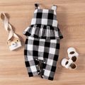 2pcs Baby Girl Solid Ribbed Ruffle Short-sleeve Top and Plaid Ruffle Overalls Set White