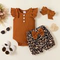 3pcs Baby Girl 95% Cotton Ribbed Flutter-sleeve Romper and Leopard Shorts with Headband Set Brown image 1