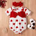 2pcs Baby Girl All Over Red Love Heart Print Faux-two Short-sleeve Bowknot Romper with Headband Set White