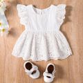3pcs Baby Girl 100% Cotton Hollow Out Floral Embroidered Flutter-sleeve Top and Daisy Floral Print Bowknot Shorts with Headband Set White
