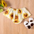 3pcs Baby Girl All Over Sunflower Floral Print Spaghetti Strap Ruffle Crop Top and Skirted Shorts with Headband Set White