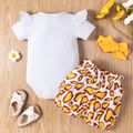 3pcs Baby Girl 95% Cotton Ruffle Short-sleeve Cartoon Giraffe Letter Print Romper and Bowknot Shorts with Headband Set White image 2