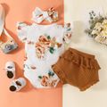 3pcs Baby Girl Floral Print Flutter-sleeve Romper and Ribbed Ruffle Shorts with Headband Set White