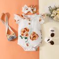 3pcs Baby Girl Floral Print Flutter-sleeve Romper and Ribbed Ruffle Shorts with Headband Set White