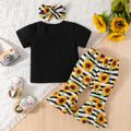 3pcs Baby Girl 95% Cotton Short-sleeve Letter Print Tee and Allover Sunflowers Striped Flared Pants with Headband Set Black