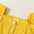 Baby Girl Button Design Solid Sleeveless Ruffle Linen Jumpsuit Yellow